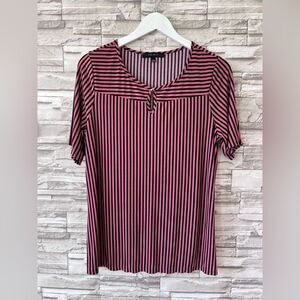 Atelier 24 Women’s Short Sleeve Vertical Stripes Pink Black L Keyhole Blouse